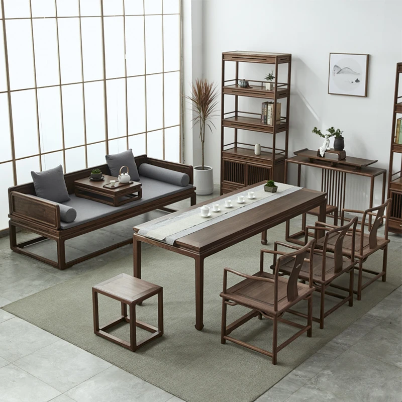 木羲元黑胡桃木罗汉床客厅双人沙发简约新中式罗汉床茶桌椅组合