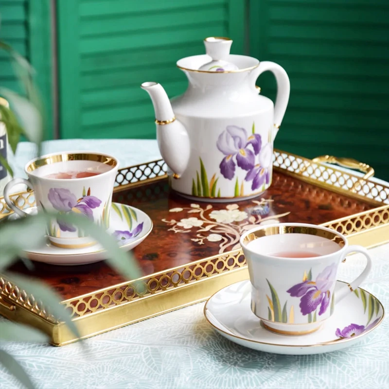 俄皇Lomonosov紫色鸢尾花咖啡红茶杯碟／糖罐／茶壶下午茶套装