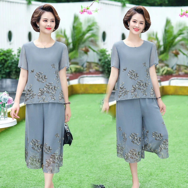 妈妈夏装套装洋气雪纺两件套中老年女装夏季上衣新款洋气短袖t恤