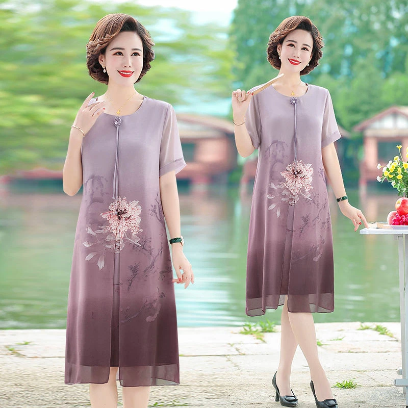 妈妈夏装洋气高贵雪纺连衣裙2022新款中年气质长裙中老年女装裙子