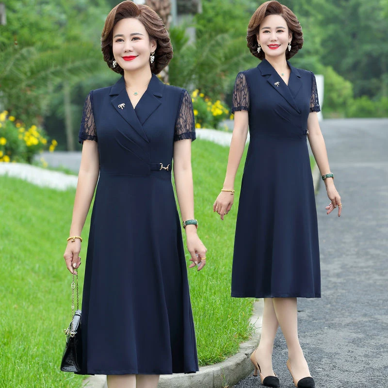 中年妈妈夏装洋气连衣裙收腰2022新款中老年女装夏季雪纺显瘦裙子