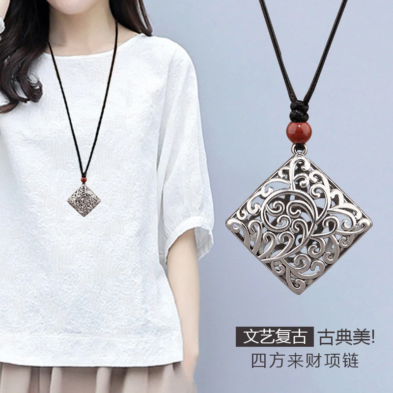 合金项链 调节蜡绳复古项链百搭女长毛衣链四方来财平安锁 送布袋