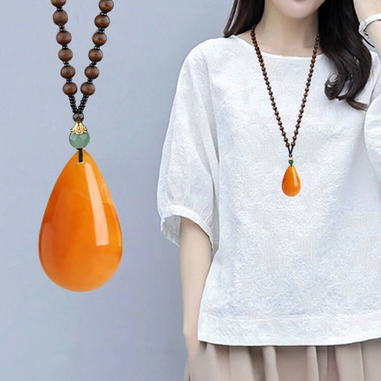 木质项链 荷木珠水滴项链长毛衣链葫芦平安扣牡丹花复古男女挂坠