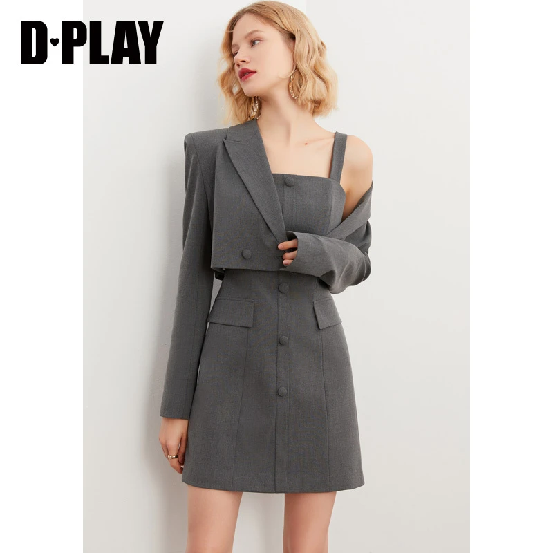 DPLAY2022年秋冬复古职场风花灰色高腰修身轻奢感短款套装