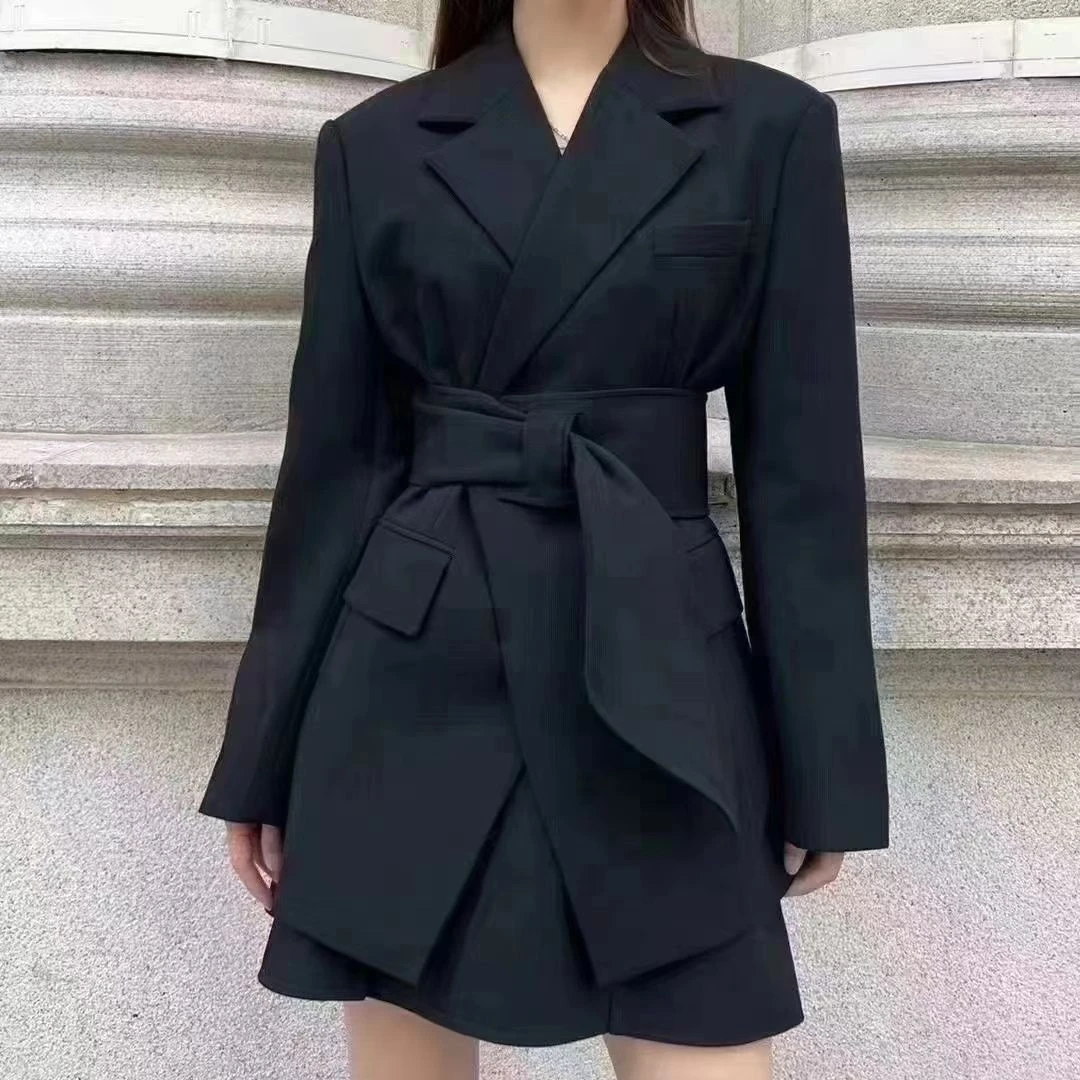 阿玛施AMASS新款女装小众纯色羊毛系带长袖西装外套附腰带5400722