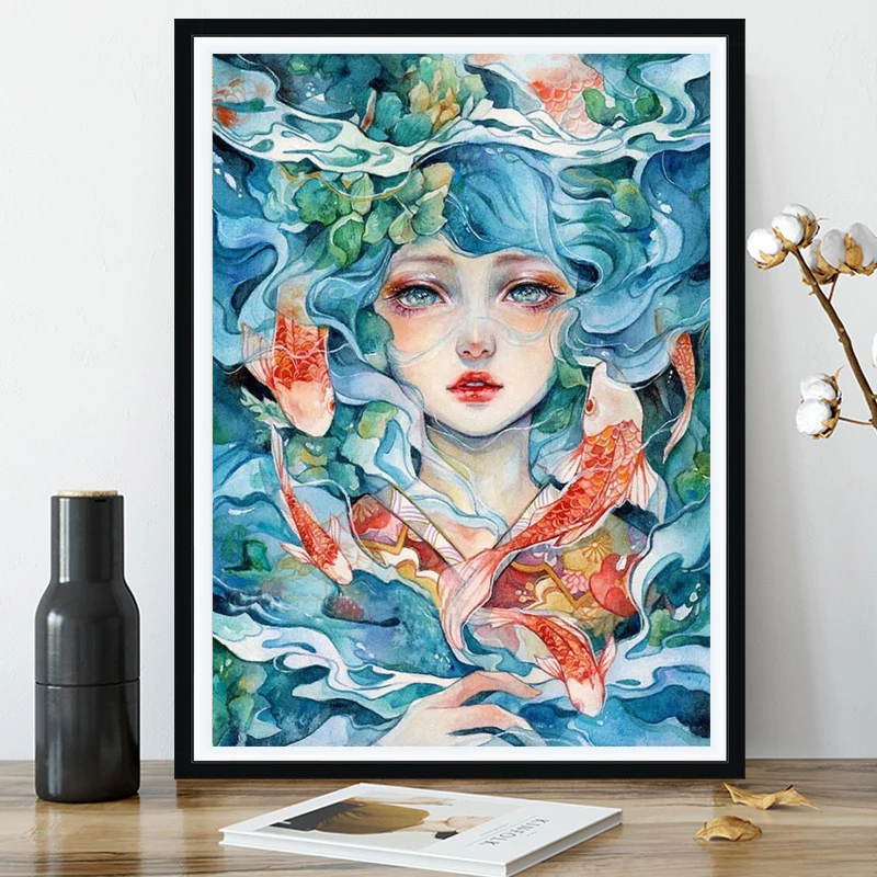 花宴女孩金鱼少女十字绣2022新款小件线绣客厅卧室玄关小幅自己绣