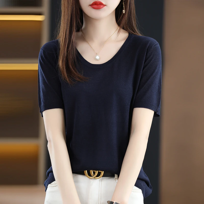 90天丝 10桑蚕丝 女士低圆领纯色短袖T恤