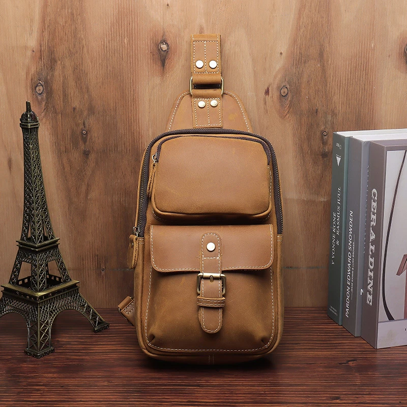 复古手工真皮胸包男士休闲斜挎包头层牛皮单肩包疯马皮个性潮男包