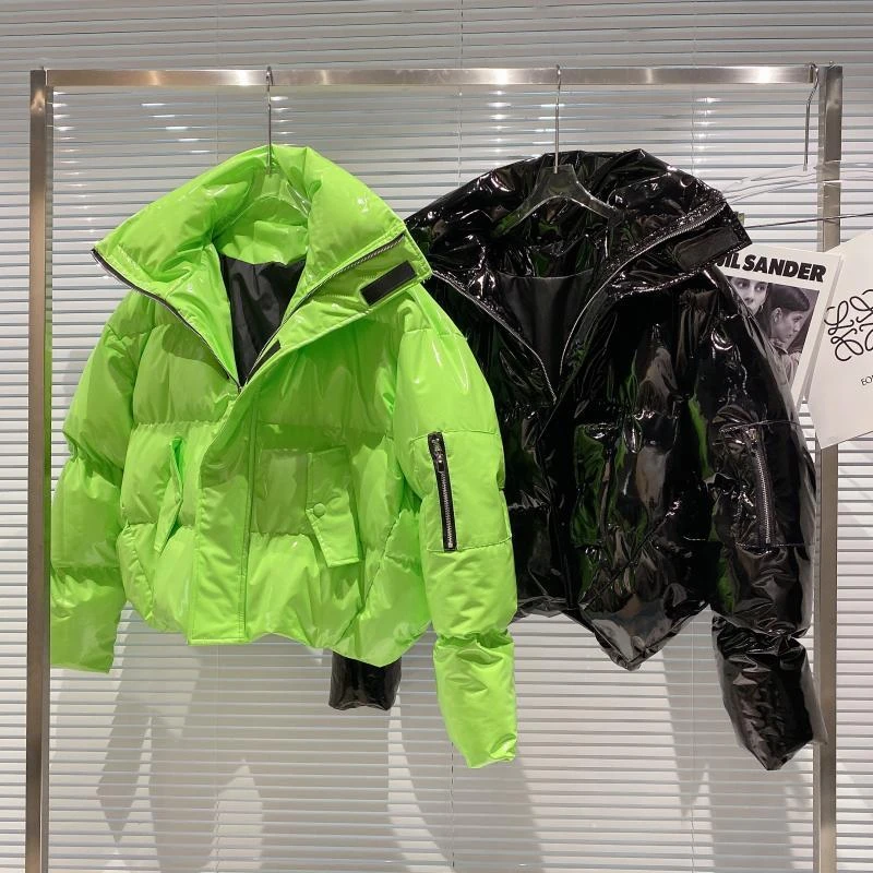 网红同款2024冬季新款拉链袖彩色亮面漆皮立领面包服棉服棉衣夹克