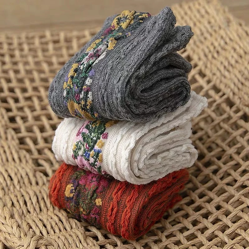 棉麻民族风中筒袜绣花复古加厚保暖秋冬款防臭袜子福利长袜