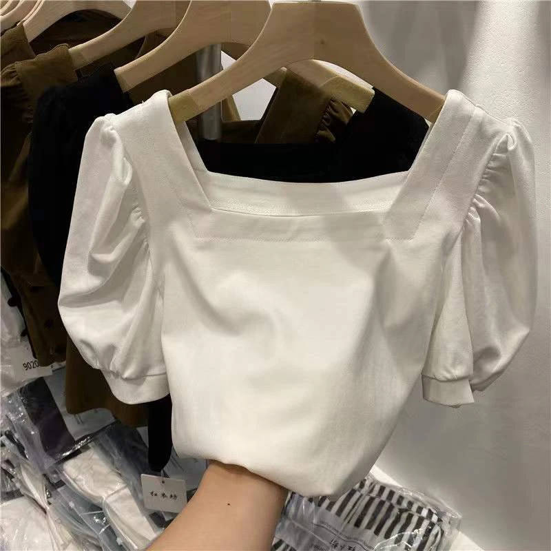 欧货洋气复古方领泡泡袖短袖T恤女夏新款韩版百搭纯色上衣ins潮