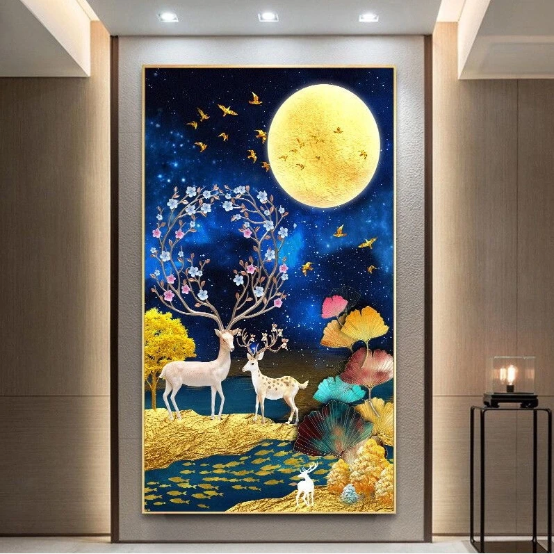 非成品十字绣套件：竖版玄关望月麋鹿 大格四股满绣37色75*120cm