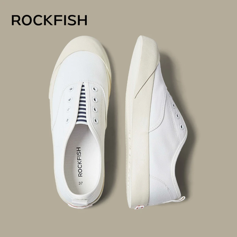 Rockfish英国719不怕湿一脚蹬懒人帆布鞋透气平底白色百搭女鞋