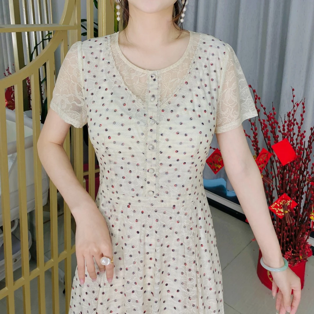 761#2023夏季连衣裙中年妈妈装短袖波点长裙遮肚显瘦收腰网纱裙