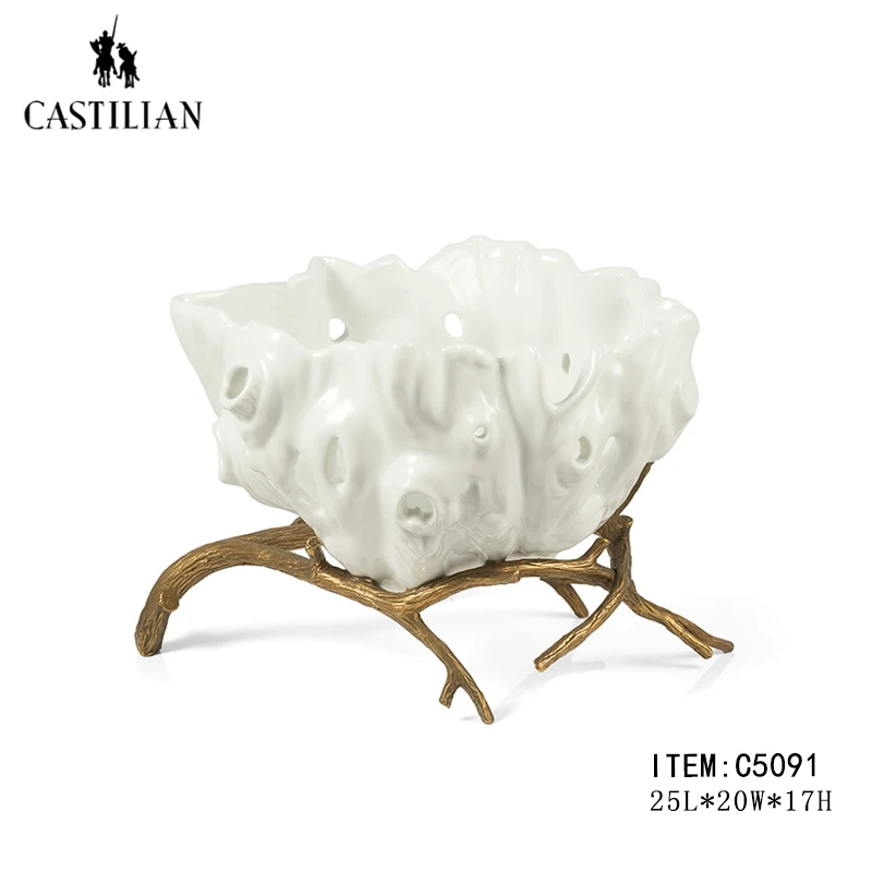 卡斯特兰欧式法式陶瓷配铜镂空白色茶几餐桌茶室办公室果盘摆件