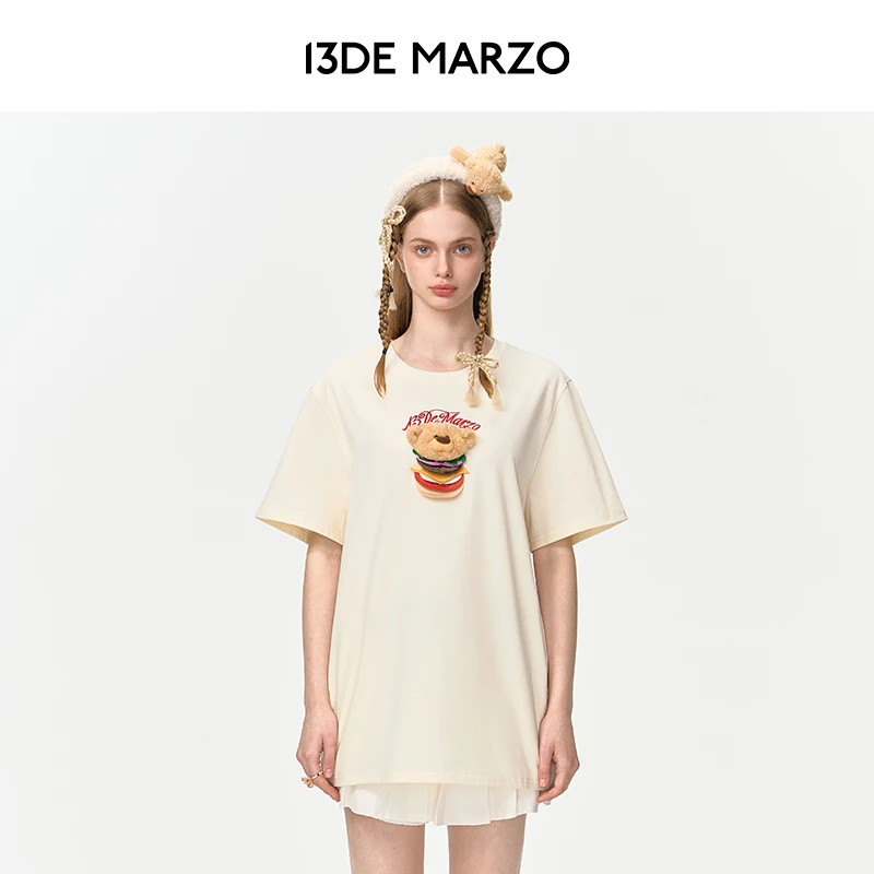 13DE MARZO男女同款 春夏新款棉质翻页汉堡休闲宽松圆领短袖T恤