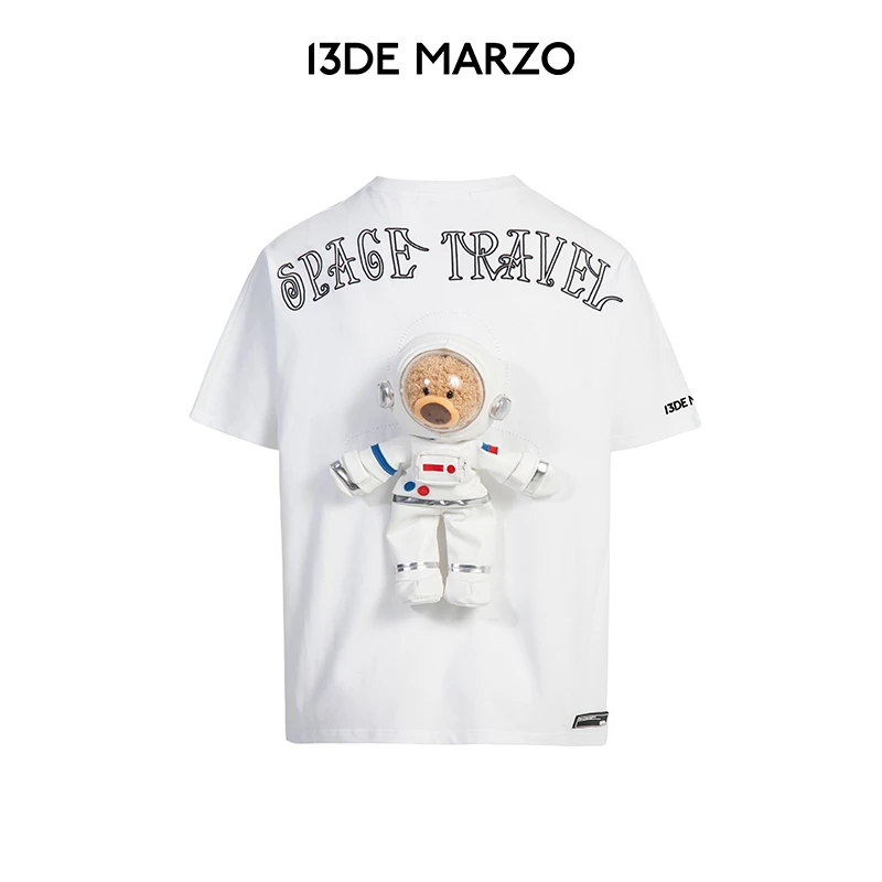 13DE MARZO男女同款 后背宇航熊T恤圆领休闲百搭显瘦字母上衣短袖