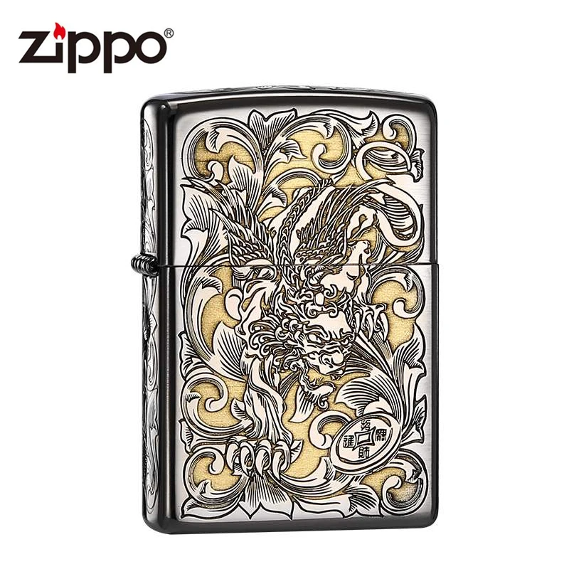 ZIPPO打火机 DIY 205镀铬拉丝 金冰双色 五面精雕 唐草貔貅 双面