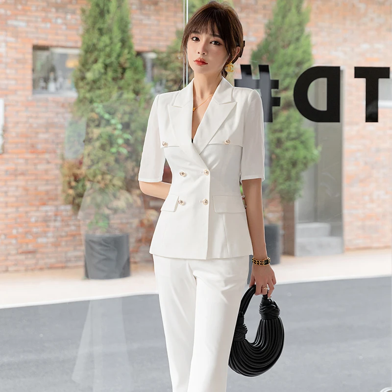 漫凌9380白色双排扣西装套装女西服气质时尚春夏纯色夏季休闲名媛