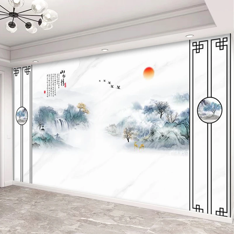 新中式电视背景墙壁纸山水麋鹿意境定制壁画客厅书房茶室无缝墙纸
