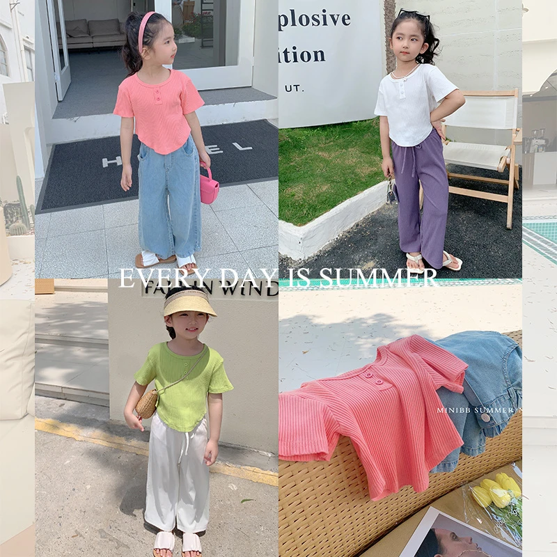 【004】女童短袖T恤夏装新款韩版纯色女宝宝弧形洋气百搭轻薄上衣