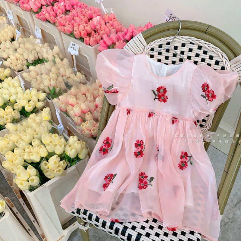 mini旦女童连衣裙夏季新款韩版洋气琉璃纱公主裙女宝宝蝴蝶结纱裙