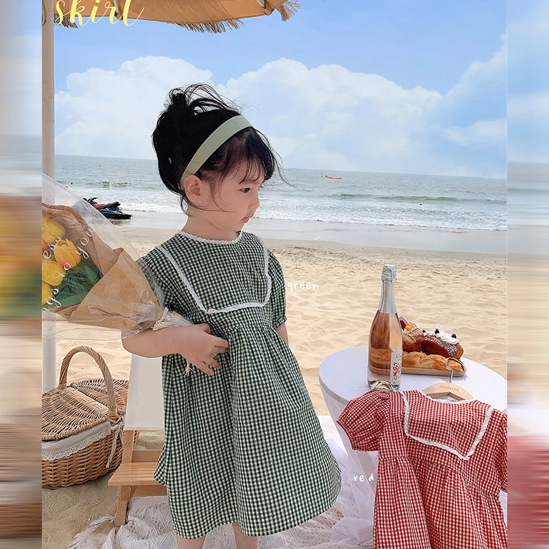 【开播浮力】mini旦女童连衣裙夏季新款韩版复古格子裙洋气短袖裙子