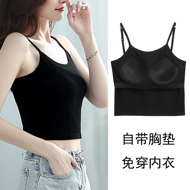 一体无钢圈莫代尔女吊带背心带胸垫罩杯内衣打底衫夏季