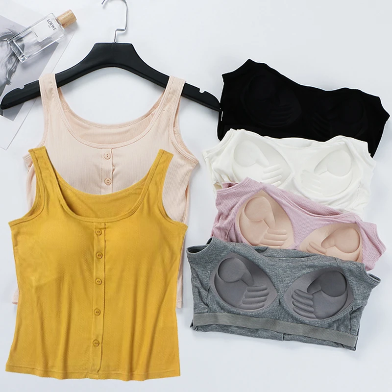 自带胸垫一体式短款纽扣装饰宽肩女夏季外穿瑜伽运动小背心