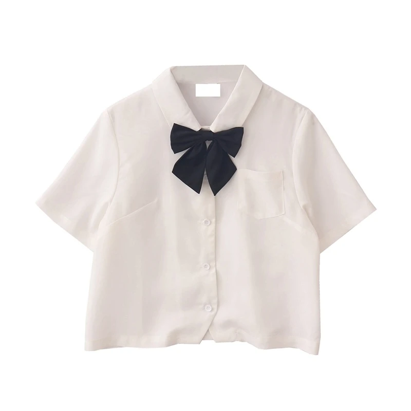 夏季新款日系学院风制服基本款宽松短款白色短袖衬衫女蝴蝶结衬衣