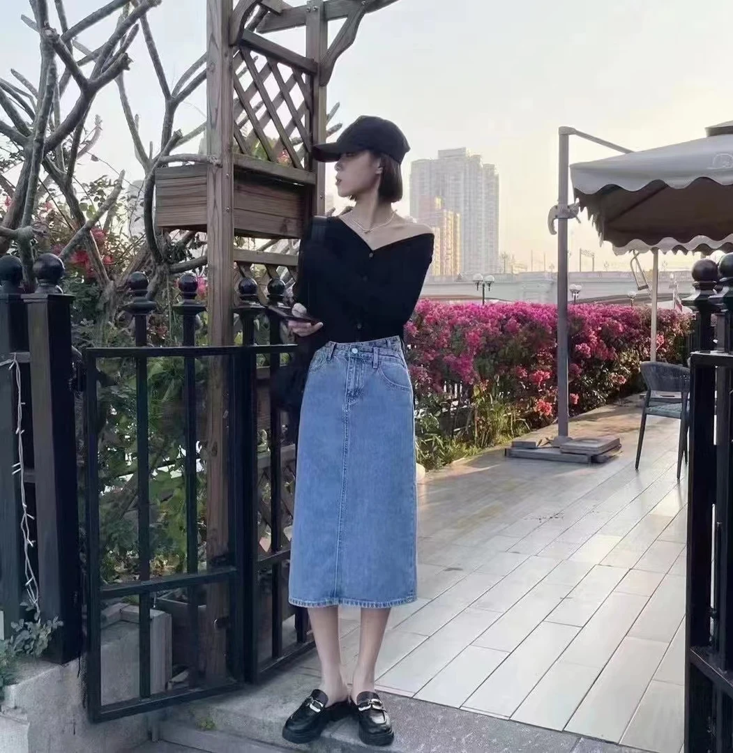 韩系时尚潮流百搭显瘦中长款修身牛仔裙