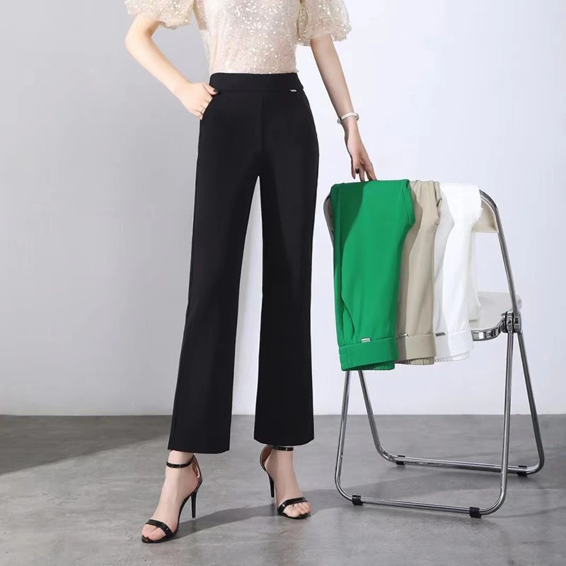 卡里卡女裤2208夏季新款微辣直筒裤松紧高腰中年纯色妈妈休闲裤