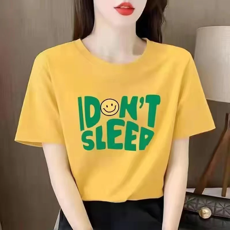 新款时尚圆领纯棉短袖夏季百搭透气女装休闲印花t恤 （字母笑脸）