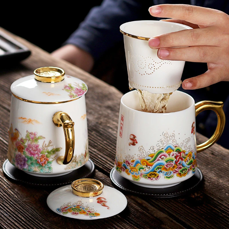 羊脂玉瓷办公茶杯带盖陶瓷男女杯子大号带过滤茶隔水杯高端泡茶杯