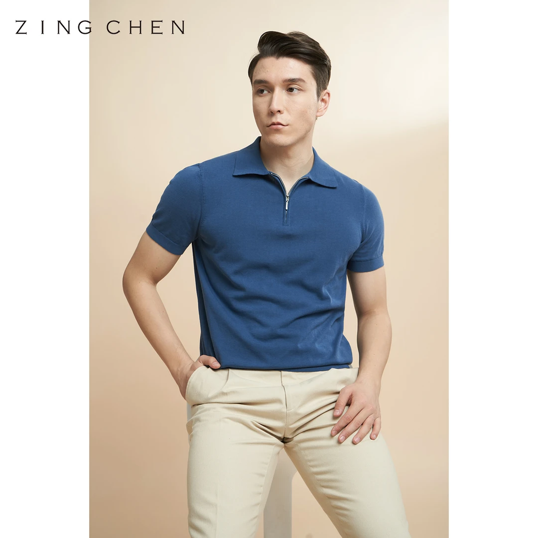 【干爽长绒棉】ZINGCHEN男士短袖拉链POLO衫 16针精密织纹翻领T恤