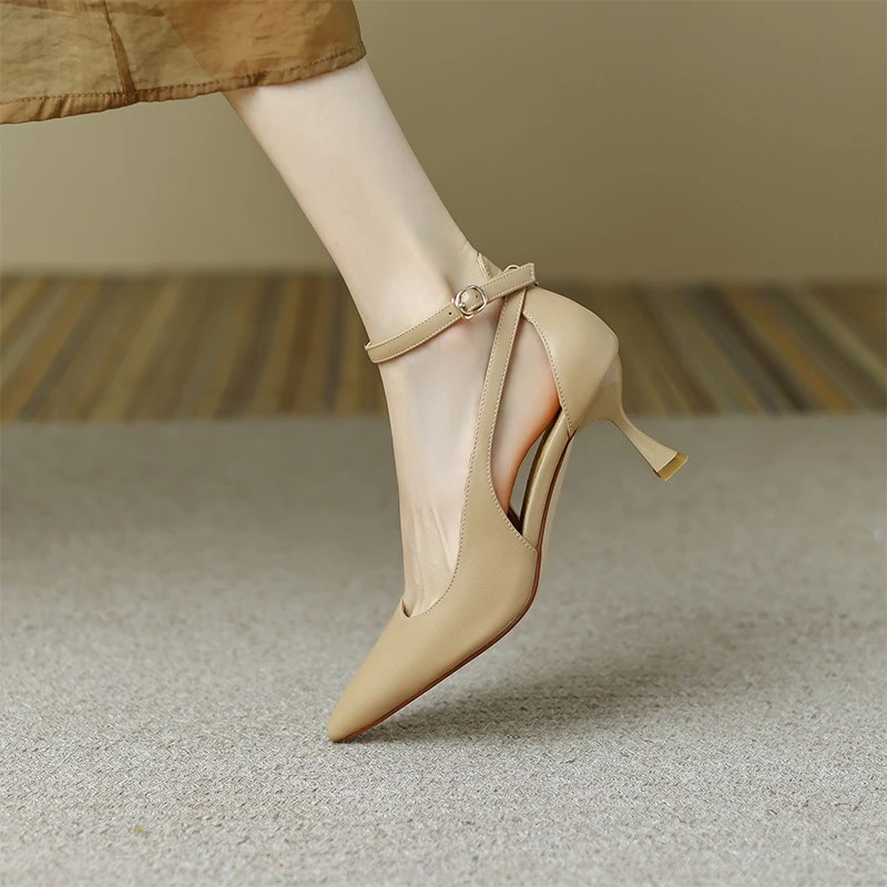 送运费险/高跟鞋加宽加肥设计感小众气质裸色细跟一字带单鞋女