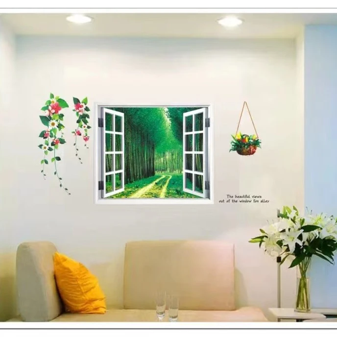 3D立体假窗户墙贴仿真pvc壁画墙贴自带背胶墙纸假窗户风景背景画