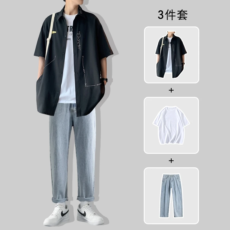 【港风】韩版衬衫痞帅小香风风格夏季男装高中生男裤夏季薄款