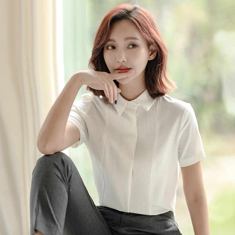 （特色雪纺衫短袖）白衬衫女长袖夏季通勤小众工作服工装时尚女士