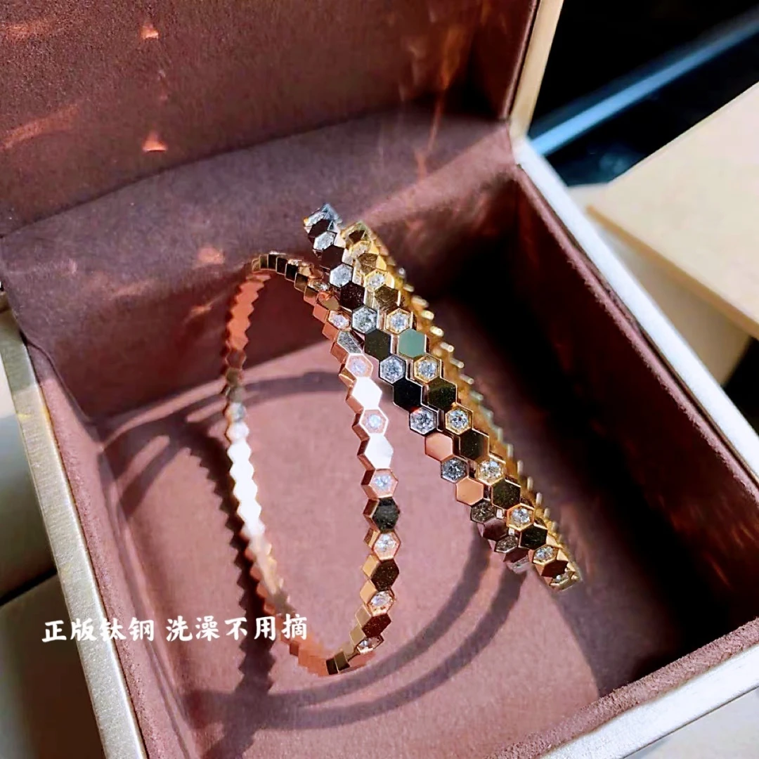 钛钢手镯 钛钢微镶手镯女菱形几何简约蜂巢手环小众设计ins