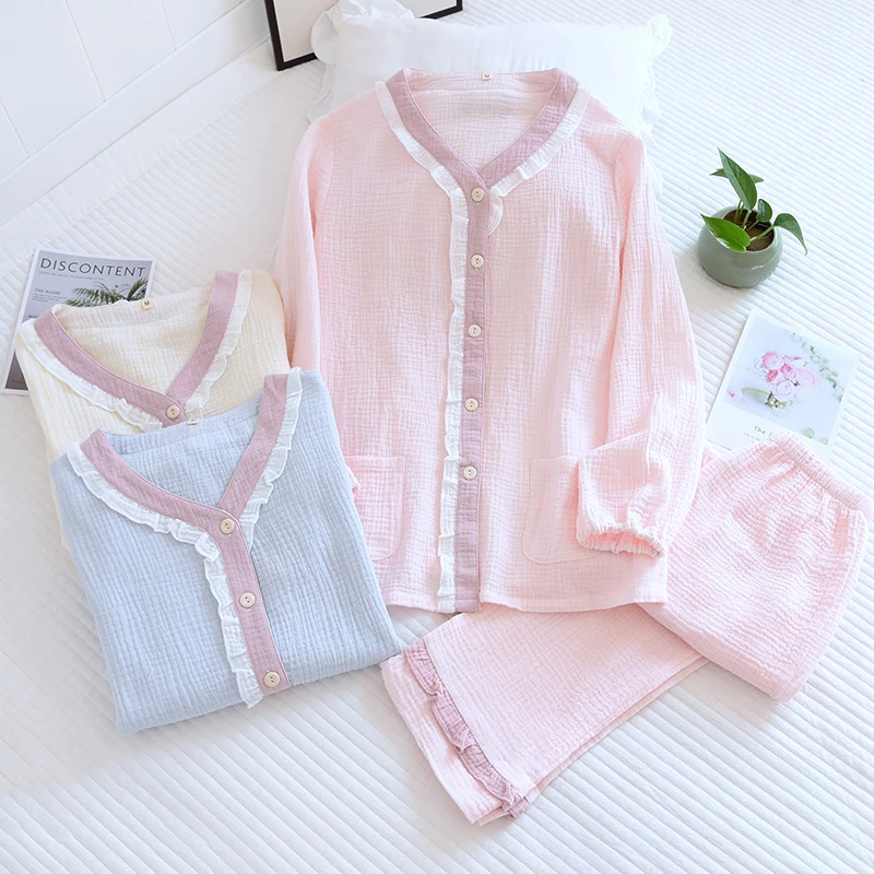 【纯色系】新款拼色边绉布家居服睡衣女款棉纱长袖套装