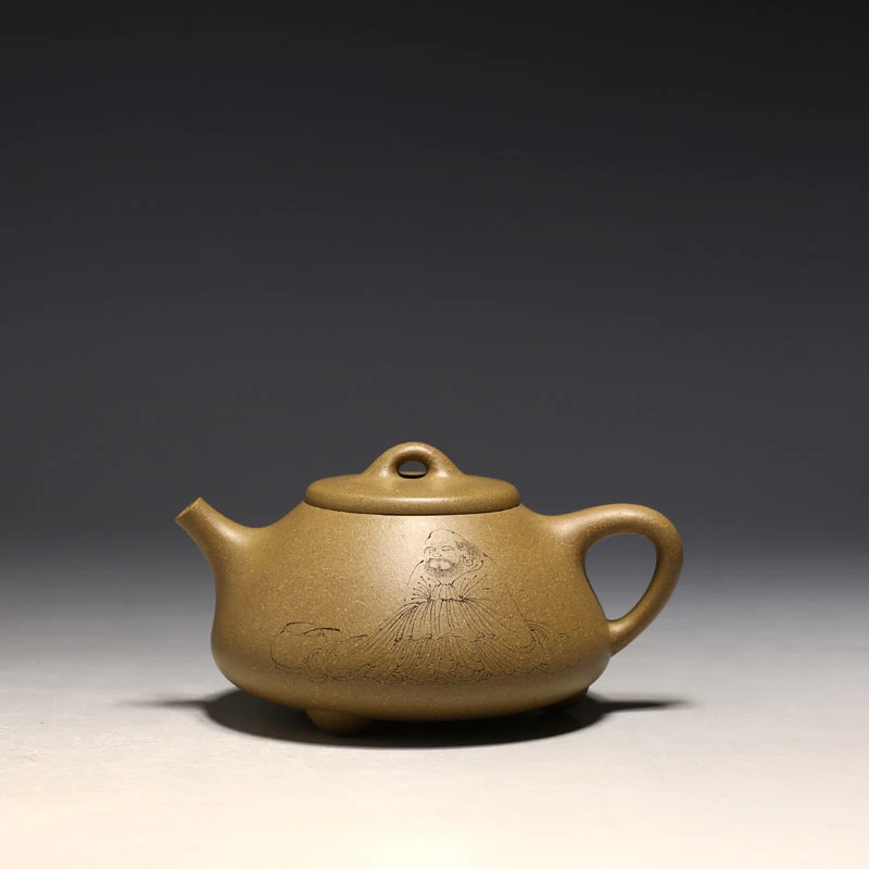 明理茶艺 宜兴紫砂 名家高工 王翔 精刻段泥石瓢250CC 茶壶