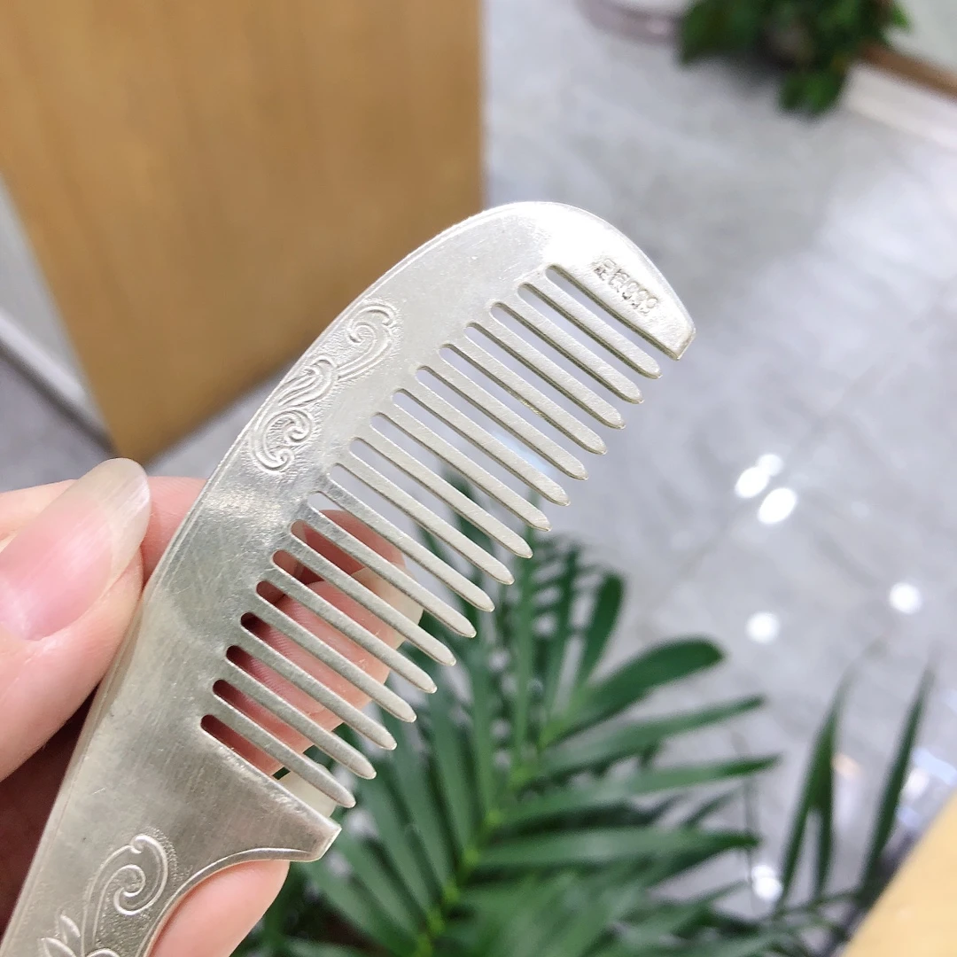 哈里银楼足银素款工艺品999足银小号牡丹长把银梳