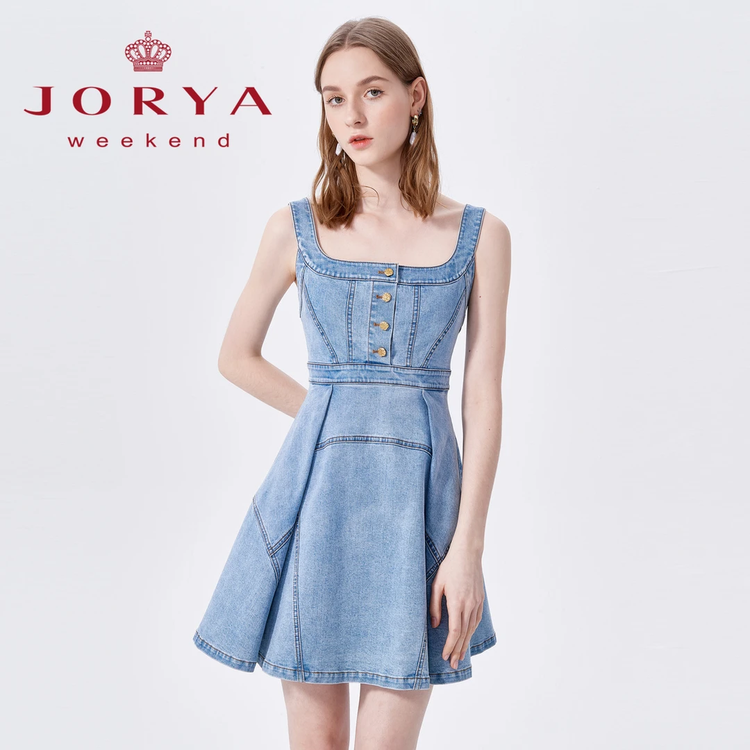 卓雅周末夏季时尚方领单排扣收腰水牛仔无袖连衣裙女EJWCBQ40
