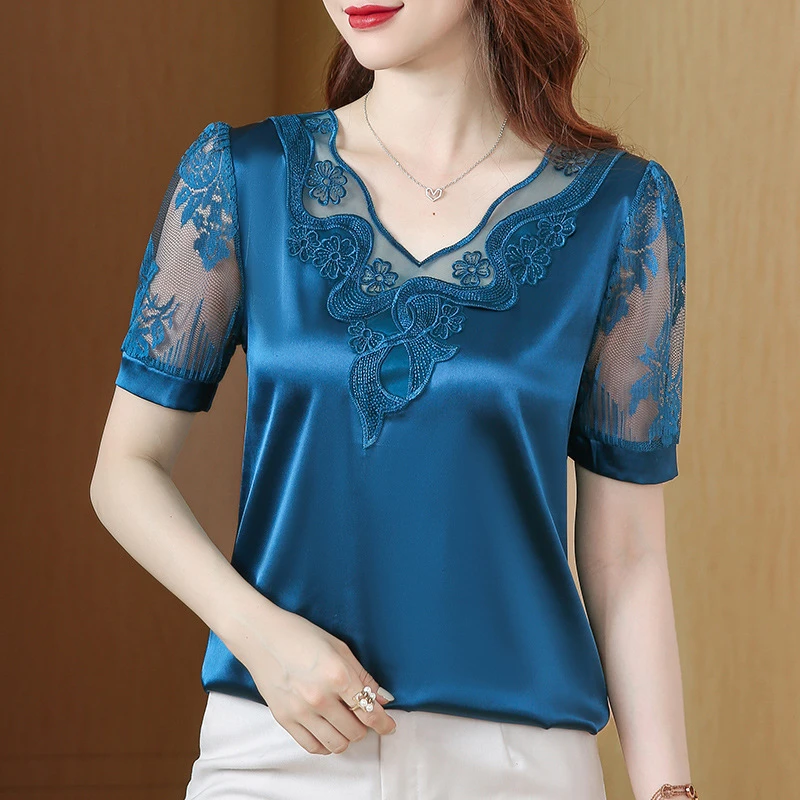 夏季新款气质通勤时尚T恤 小清新圆领蓝色短袖纯色宽松型t恤大码