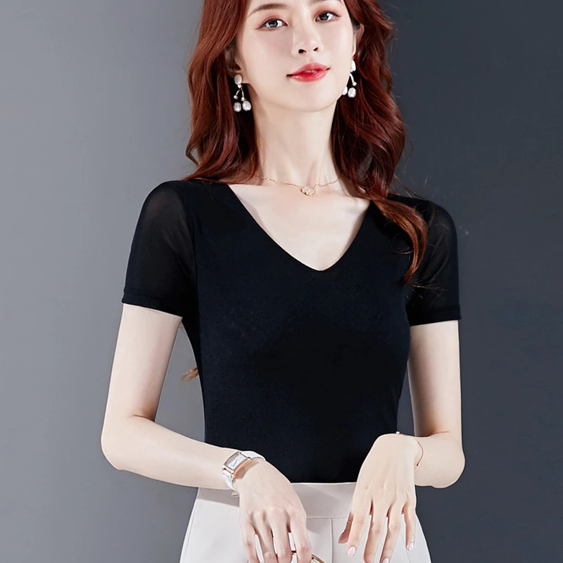 新款V领纯色修身打底衫显瘦大码短袖网纱上衣洋气T恤百搭小衫