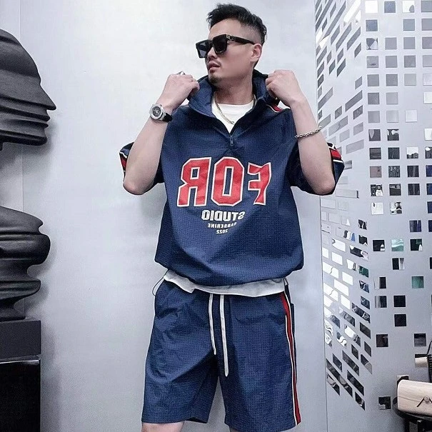 （酷奢）夏季新款高品时尚轻奢宽松条格连帽套装（上衣+裤子）