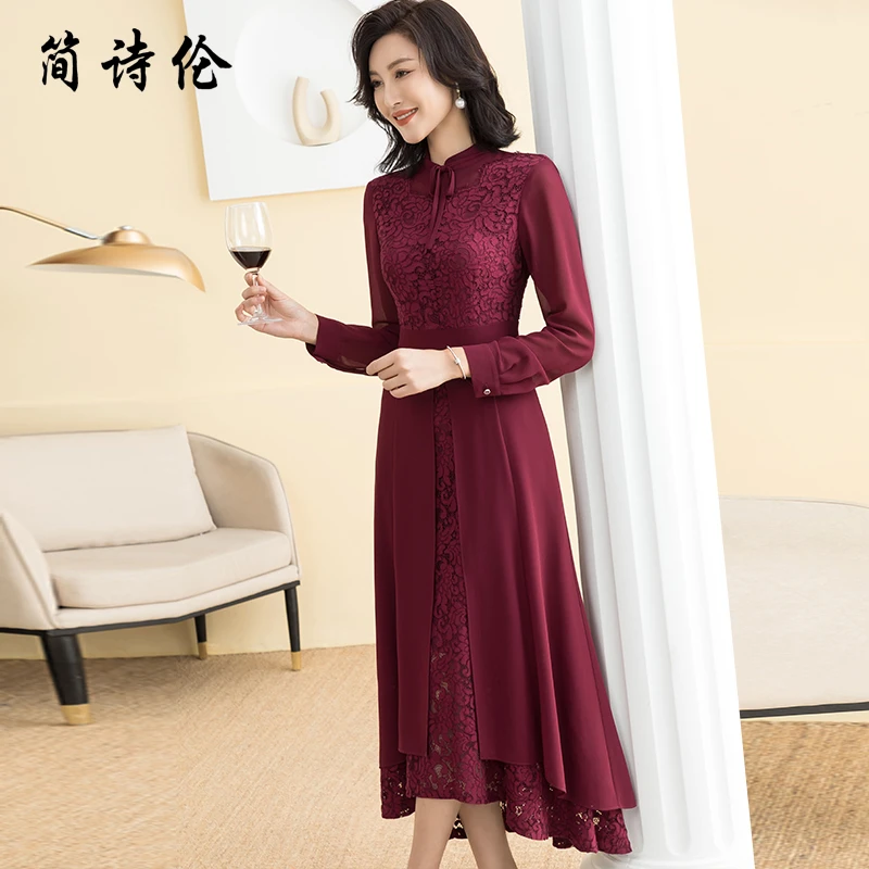 高端喜婆婆婚宴装礼服中长款新款高档婚礼妈妈红色喜服蕾丝连衣裙