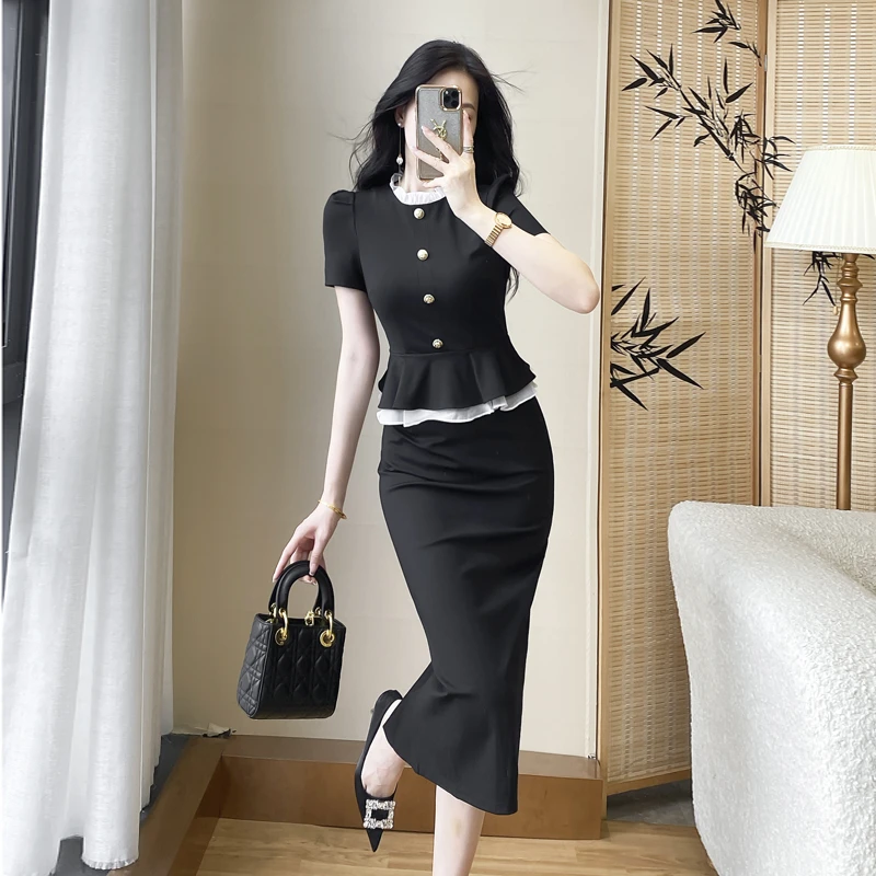 工作女神范名媛夏季短袖时尚修身假两件套装连衣裙通勤职业装法式