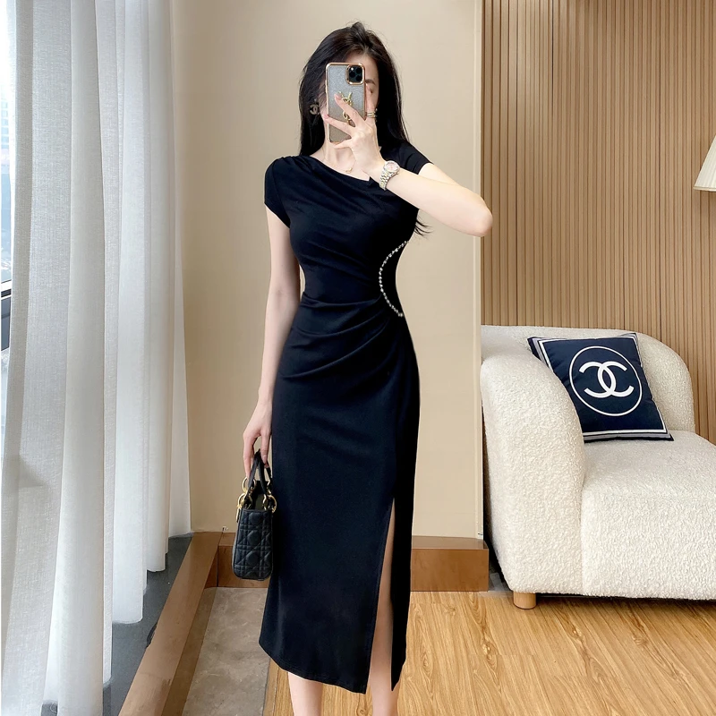 赫本小黑裙高端气质设计感长裙修身开叉过膝礼服包臀裙短袖连衣裙